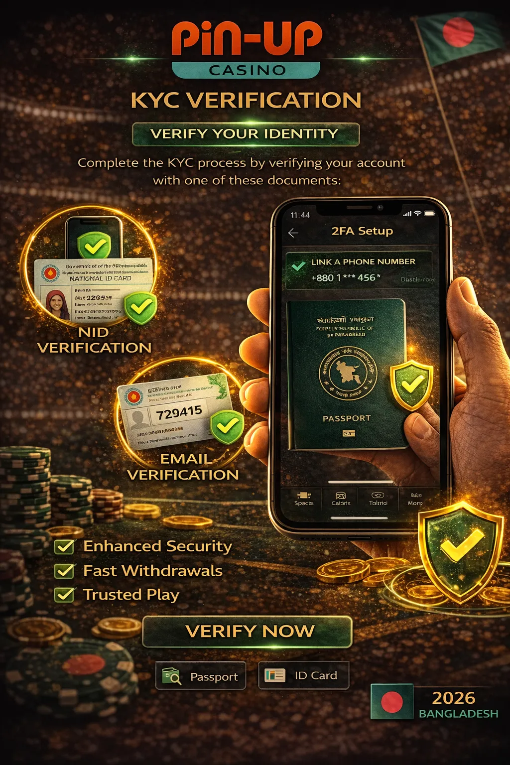 পিন আপ KYC ভেরিফিকেশন NID পাসপোর্ট